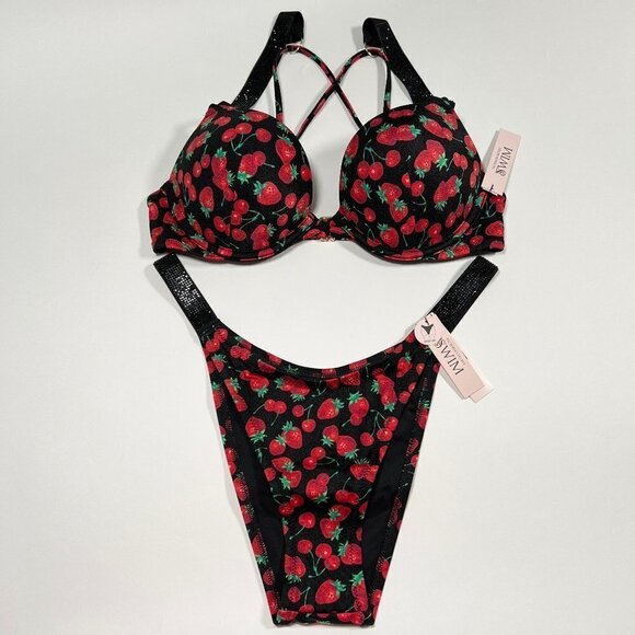 Victoria Secret 38DD L Bombshell Push Up Top Bikini Set Shine Strap Cherry - Picture 1 of 6